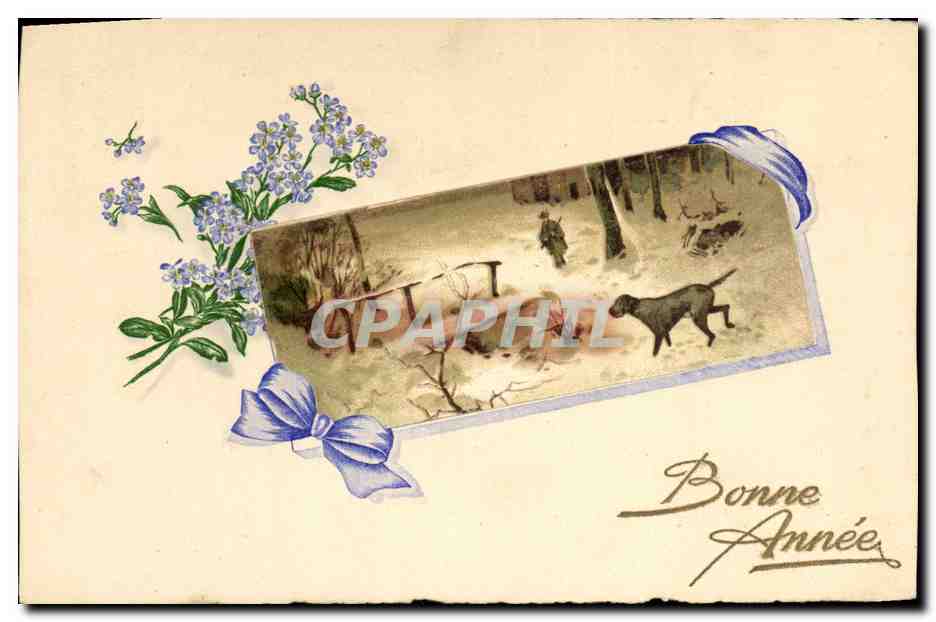 CPA Fantaisie Fleurs Chien Chasseur Bonne annee 