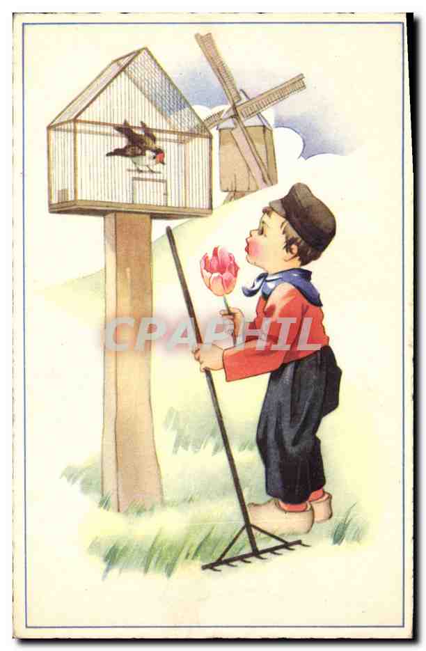 CPA Fantaisie Illustrateur Enfant Moulin a vent Oiseau 