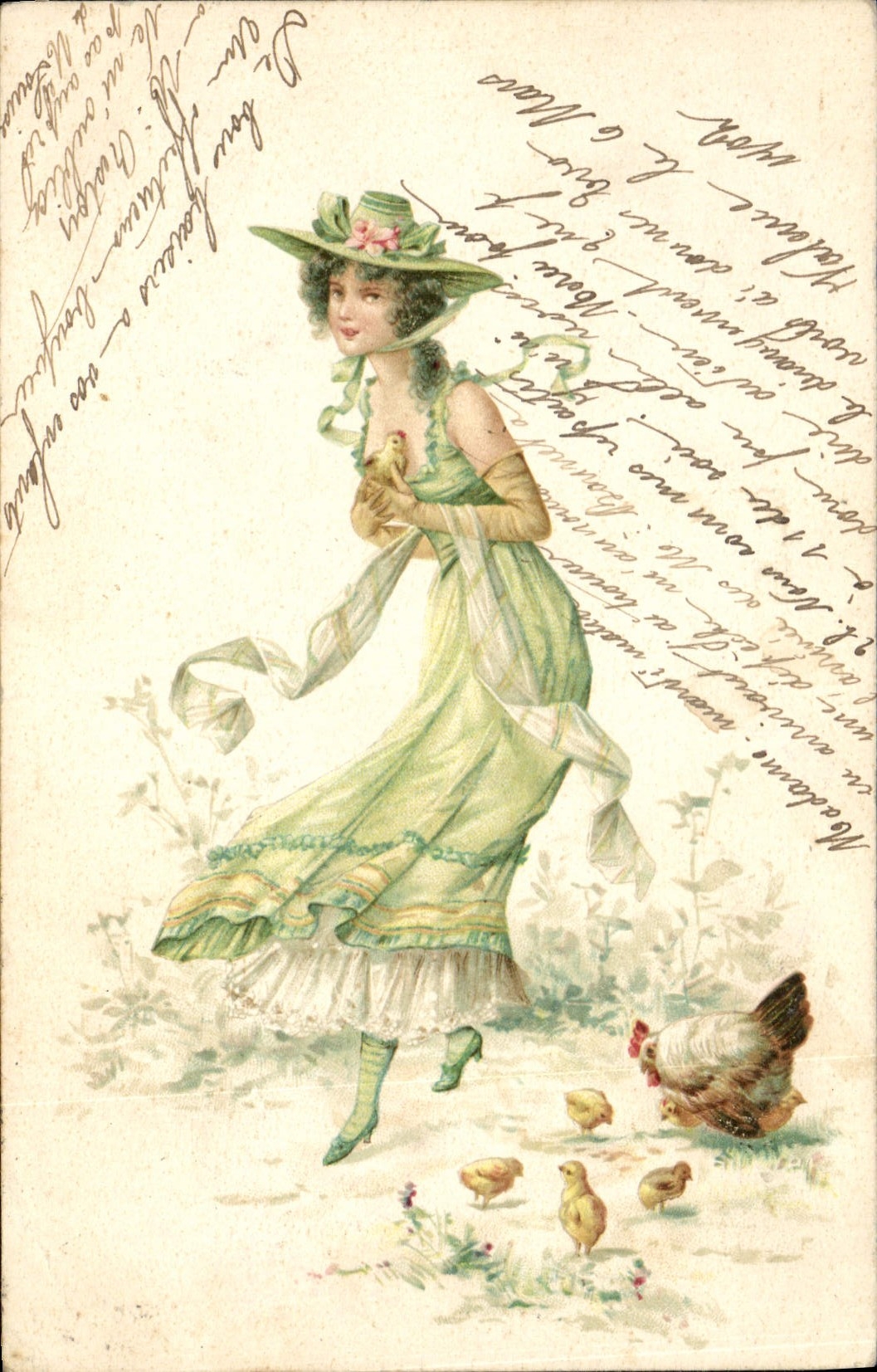CPA Fantaisie Illustrateur Femme Poule 