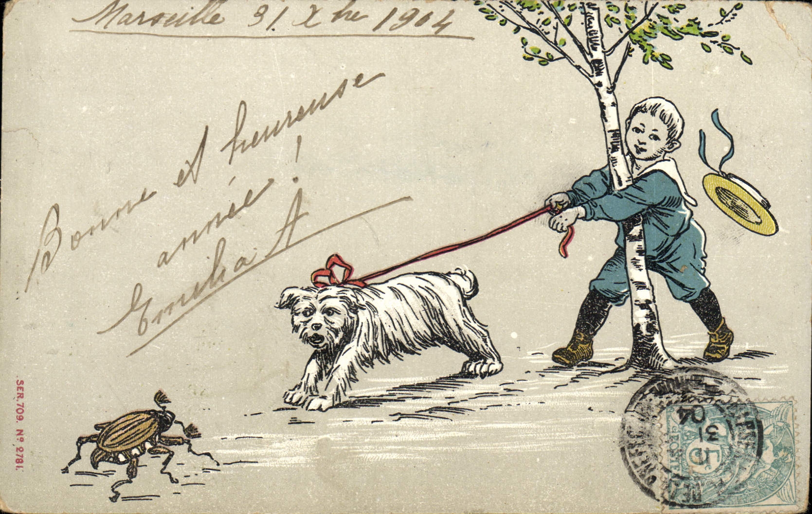 CPA Fantaisie Illustrateur Enfant Chien Insecte 