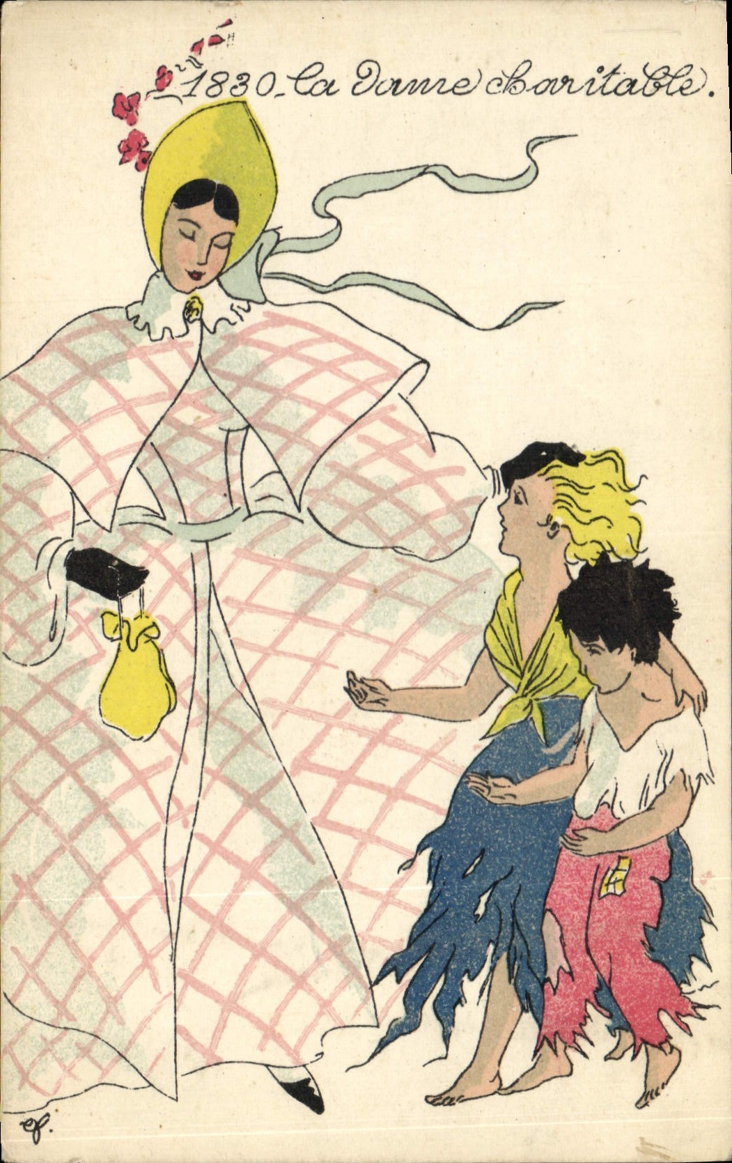 CPA Fantaisie Illustrateur Mode 1830 La dame charitable Enfants Femme 
