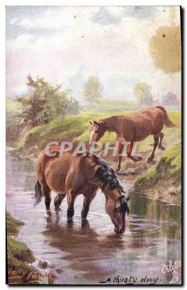 Deux chevaux buvant à la rivière — A thirsty day. — Oilette & Cie
