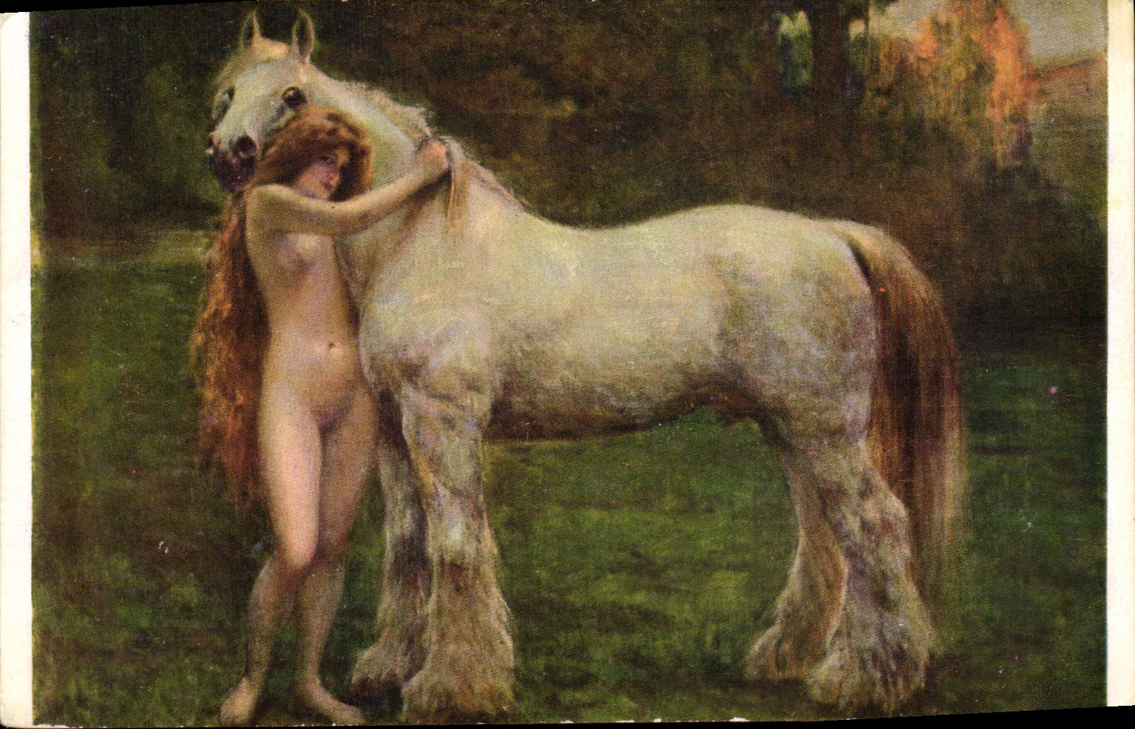 Femme nue embrassant un cheval blanc — peinture — éditeur Jan Stika, n° 810