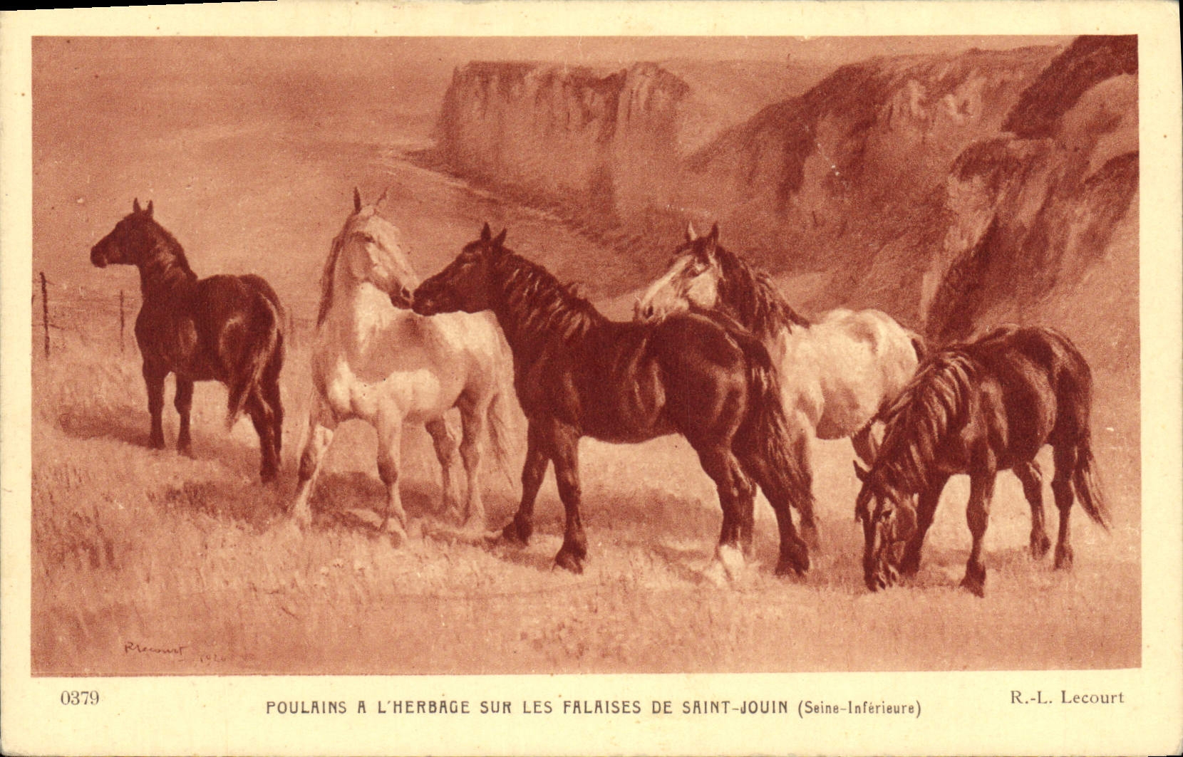 Poulains à l'herbage sur les falaises de Saint-Jouin (Seine-Inférieure) — R.-L. Lecourt, n° 0379