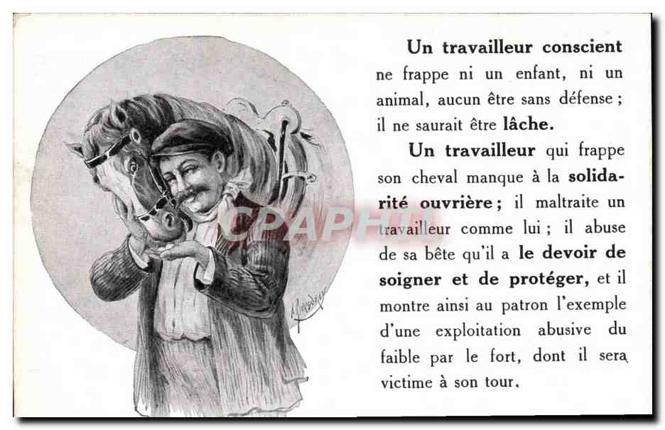 Un travailleur conscient — caricature d'un homme caressant un cheval — éditeur Machard & Londres