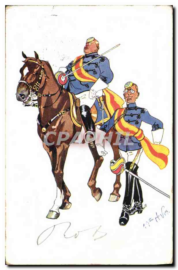Soldats en uniforme — caricature — signé 'Rob' et 'P. van der Veen'