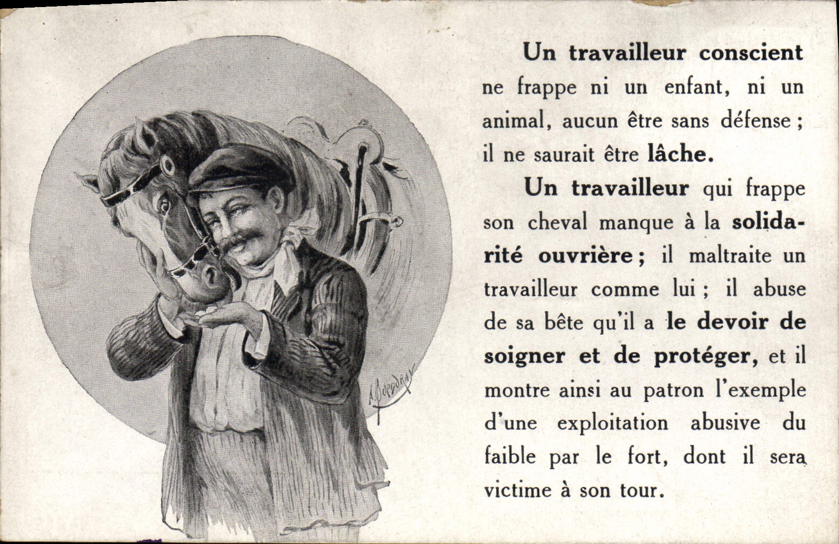 Un travailleur conscient — caricature d'un homme caressant un cheval — éditeur Machard & Longis, n°B