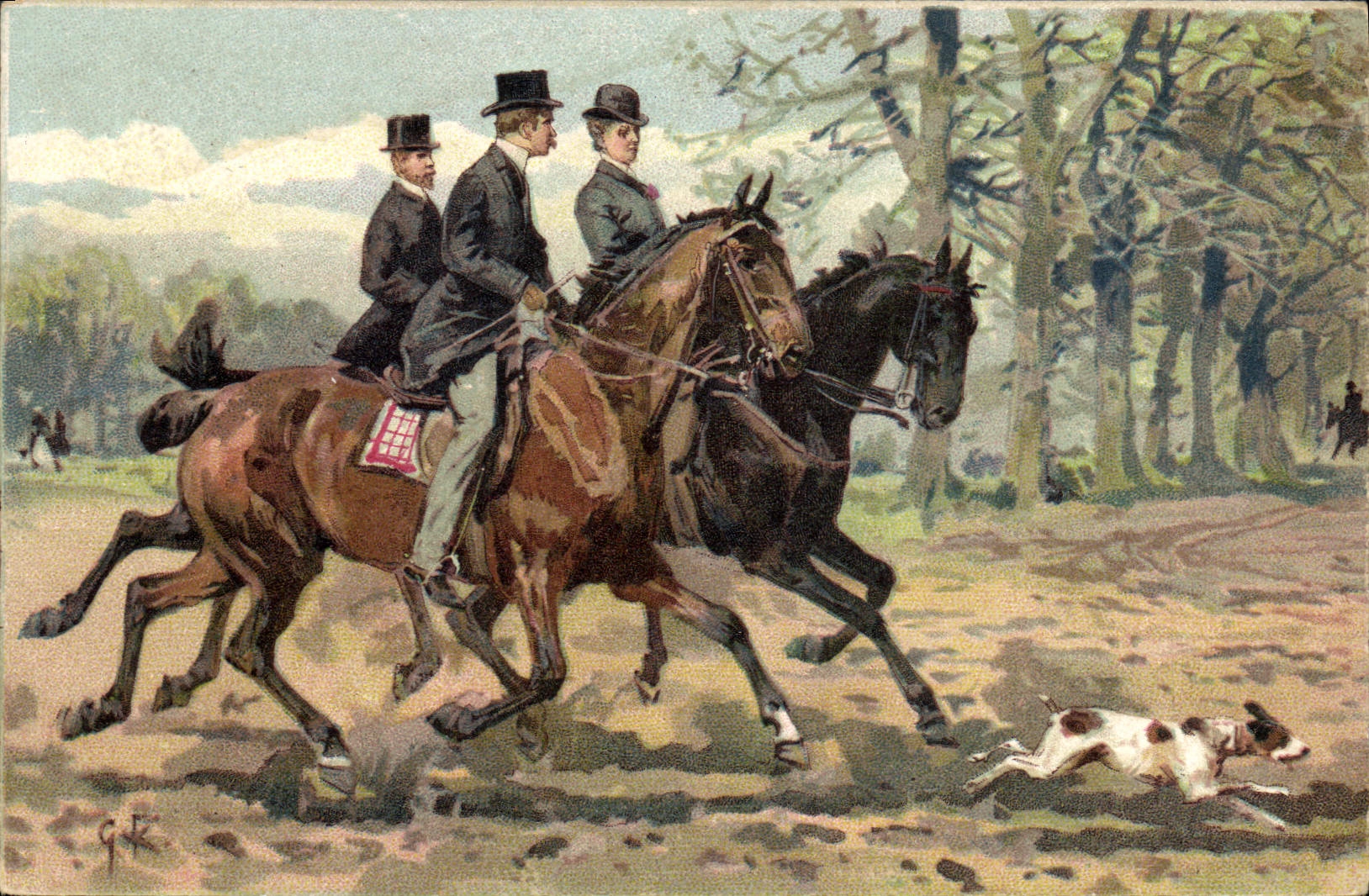 Chasse à cheval — trois cavaliers et un chien — G.K. — Série 3027