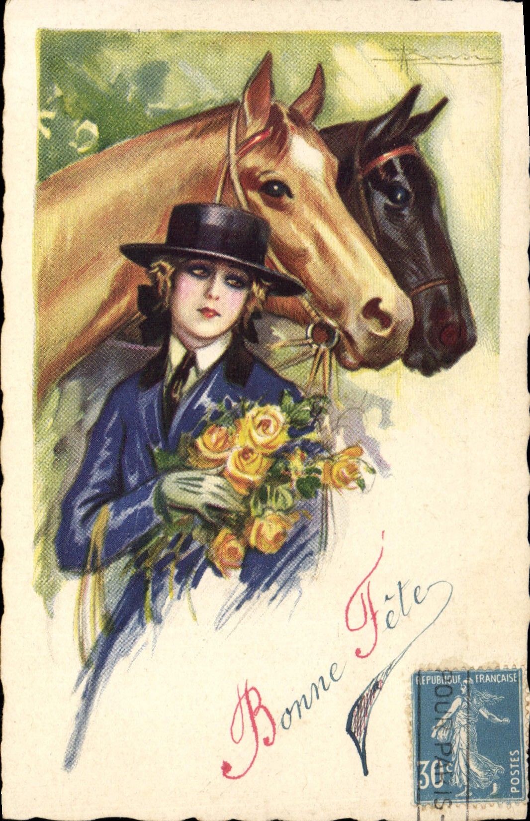 CPA Equitation Hippisme Cheval Femme Bonne fete 