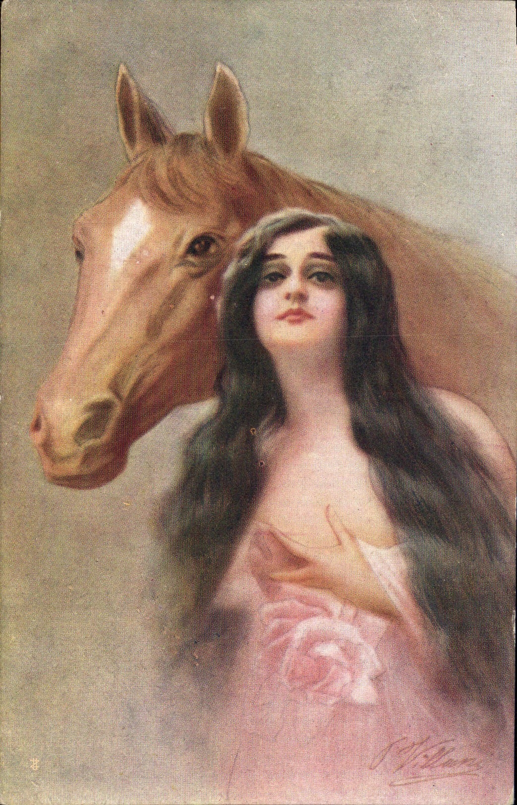 Jeune femme et cheval — illustration — S. M. F. (signature) — T.A.M. (éditeur) n° S.7006-2