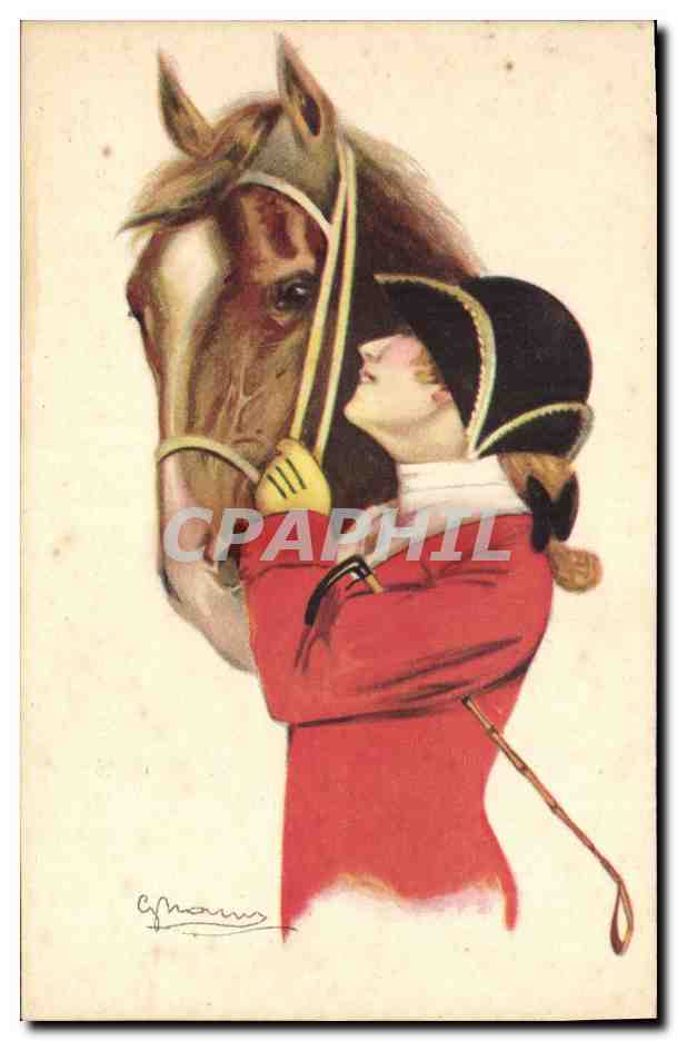 Jeune femme en tenue d'équitation avec un cheval — illustration — éditeur Rea Stampa, Milan