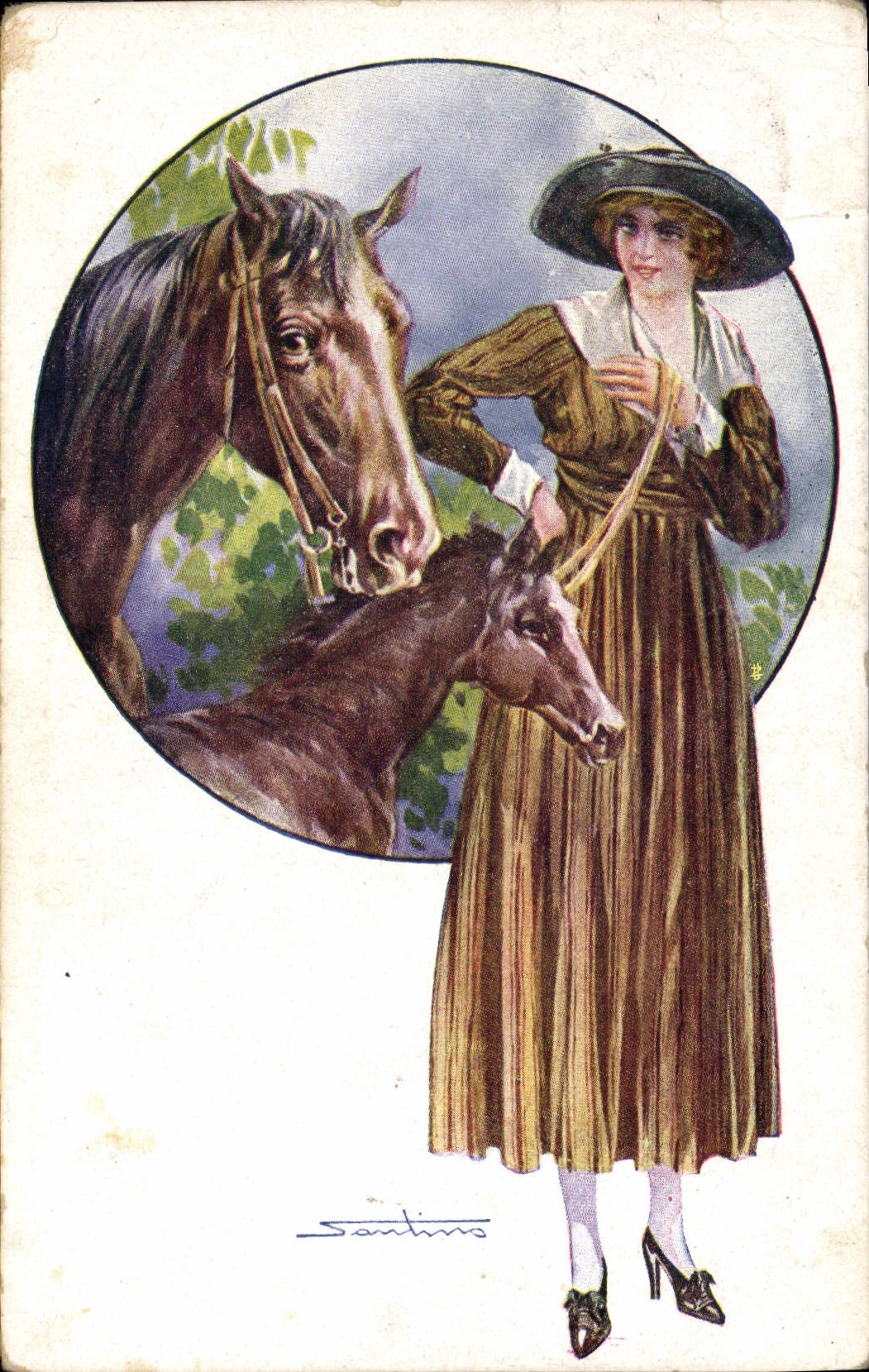 Femme avec deux chevaux — illustration de Santinino — éditeur Santinino