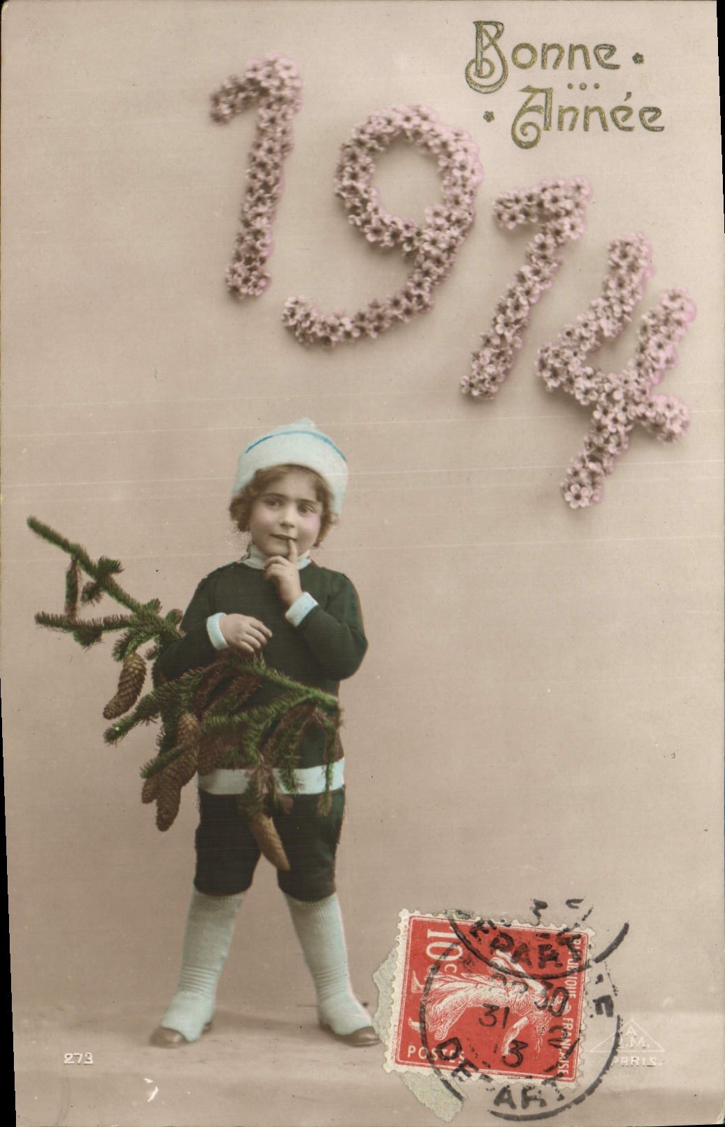 Enfant avec branche d'épinette — Bonne Année 1914 — éditeur inconnu, n° 273