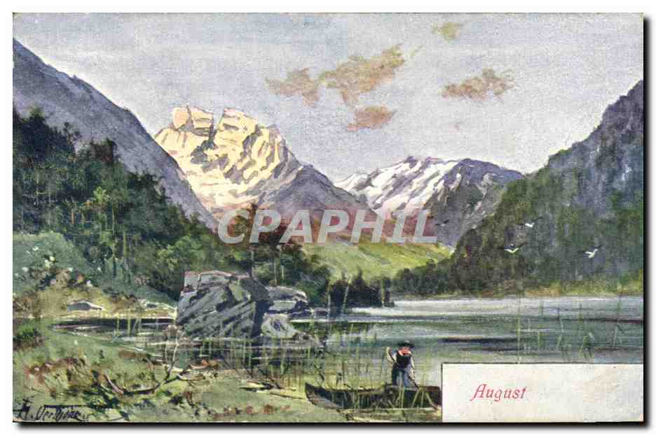 Lac alpin en août — peinture d'A. Vorhöfer — éditeur B. K. W. L. n° 724-8