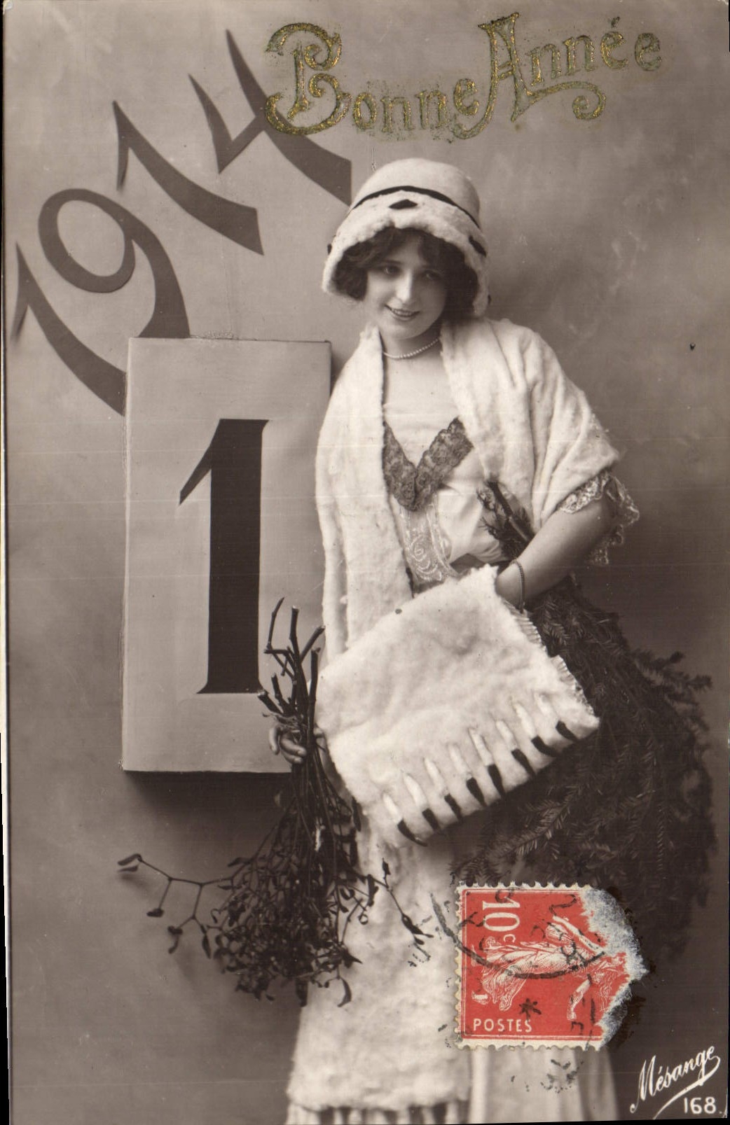 Femme en tenue d'hiver — Bonne Année 1914 — Mésange 168