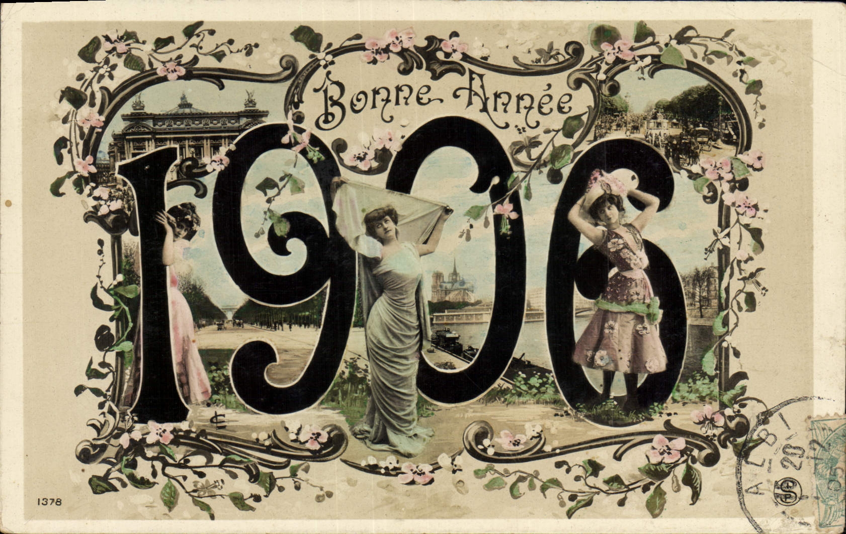 Bonne Année 1906 — Carte postale de vœux avec trois femmes dans les chiffres — éditeur non identifié, n° 1378