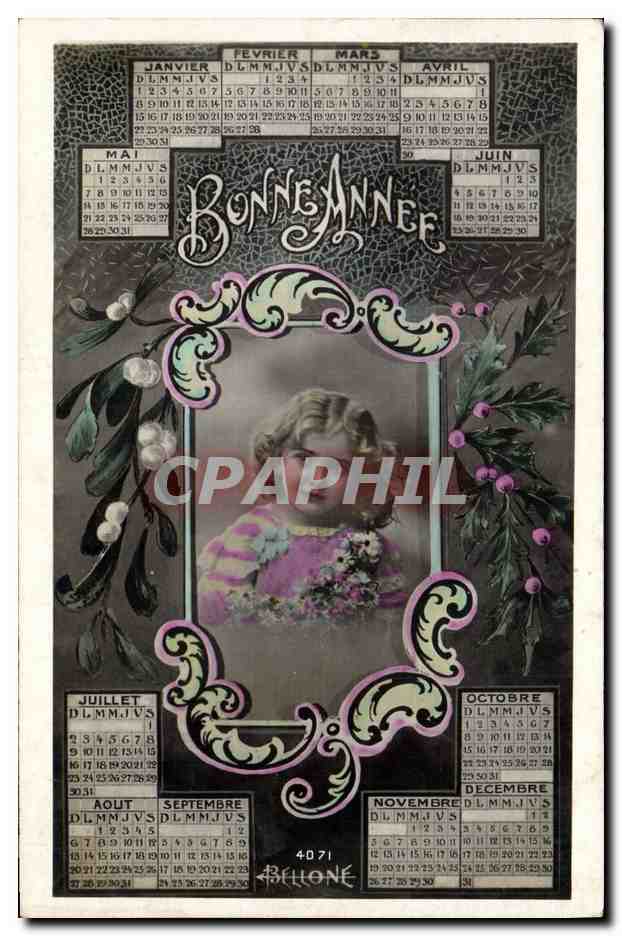 Calendrier de l'année — Bonne Année — éditeur Bellone n° 4071