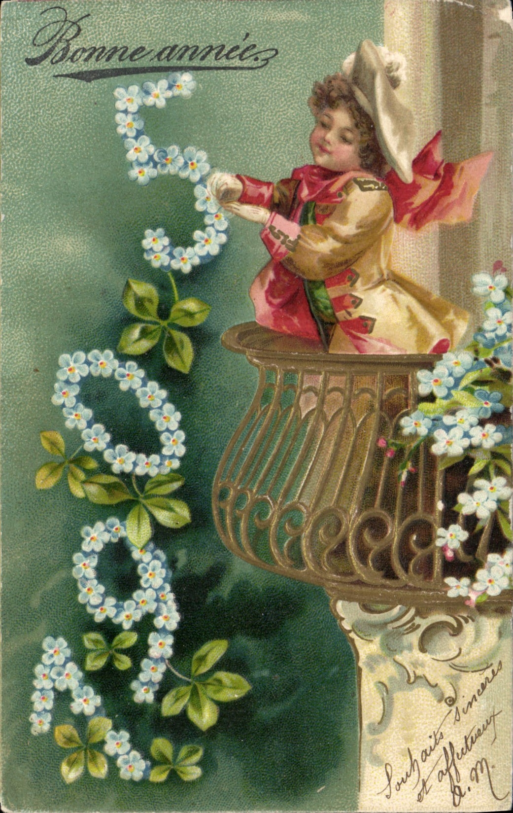 Enfant sur balcon — Bonne année 1909 — Imprimerie Yompriné