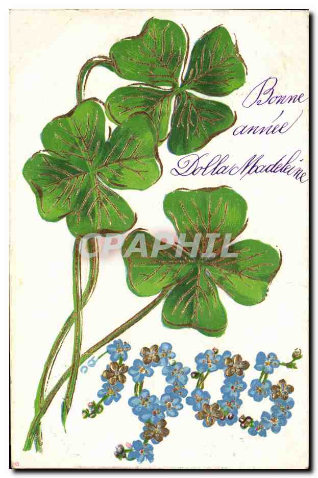 Trèfles et fleurs bleues — Bonne année Madame Madeleine — éditeur non visible