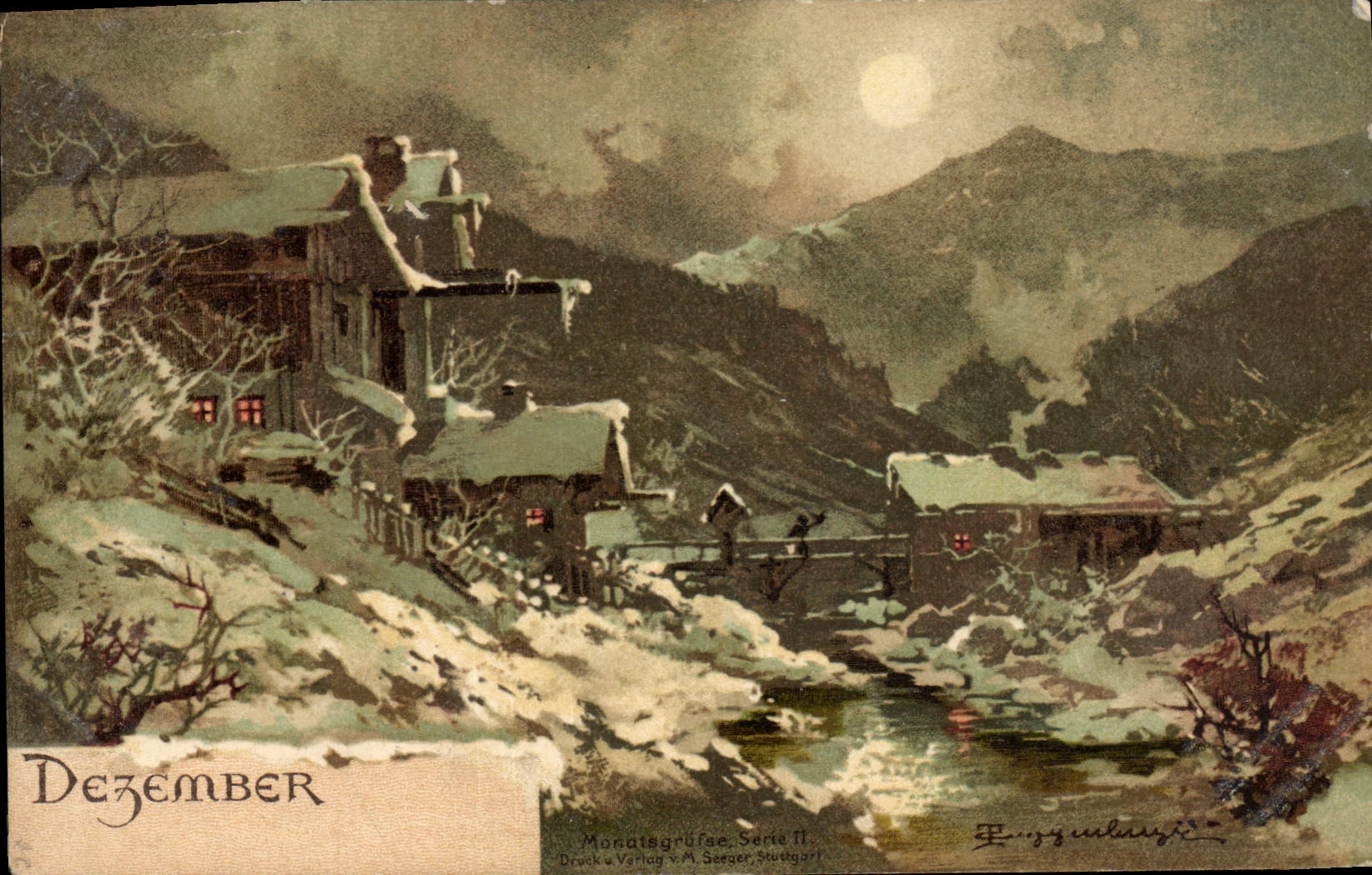 Paysage hivernal en montagne — Dézember — Druck u. Verlag v. M. Seeger, Stuttgart, Série II