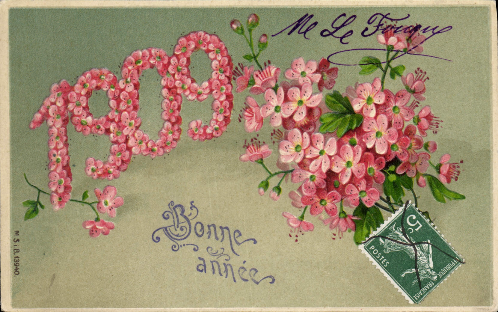 Bonne année 1909 — fleurs roses — M.S.I.B.18940