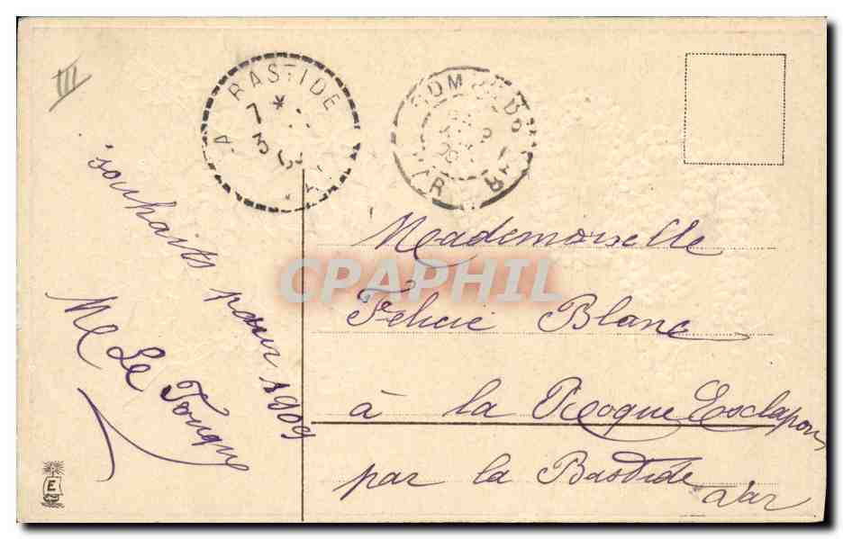 Bonne année 1909 — fleurs roses — M.S.I.B.18940 — Verso