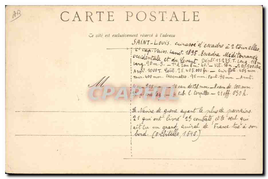 Le Cuirassé "Le Saint-Louis" — bateau de guerre français — éditeur non visible — Verso