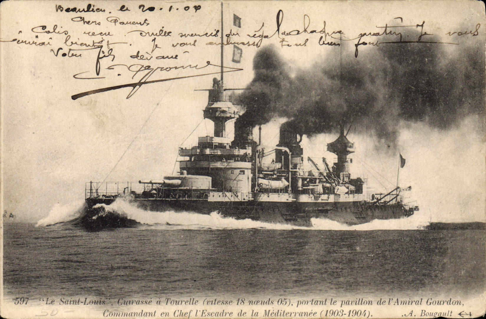 Le Saint-Louis — cuirassé à Tourelle (vitesse 18 nœuds 05), portant le pavillon de l'Amiral Gourdon (1903-1904) — A. Bougault