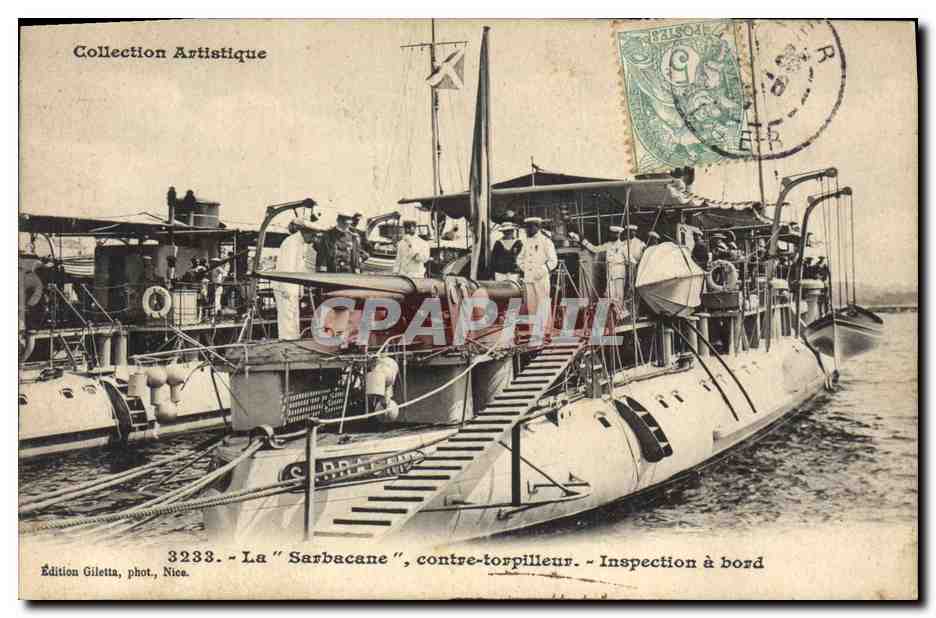 CPA Bateau de Guerre La Sarbacane Contre torpilleur Inspection a bord