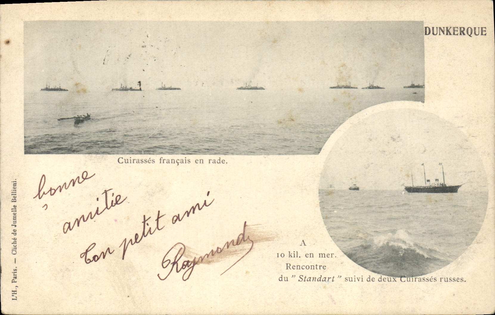 Cuirassés français en rade — Rencontre du "Standart" suivi de deux cuirassés russes — L'H, Paris, cliché de Jumelle Bollini
