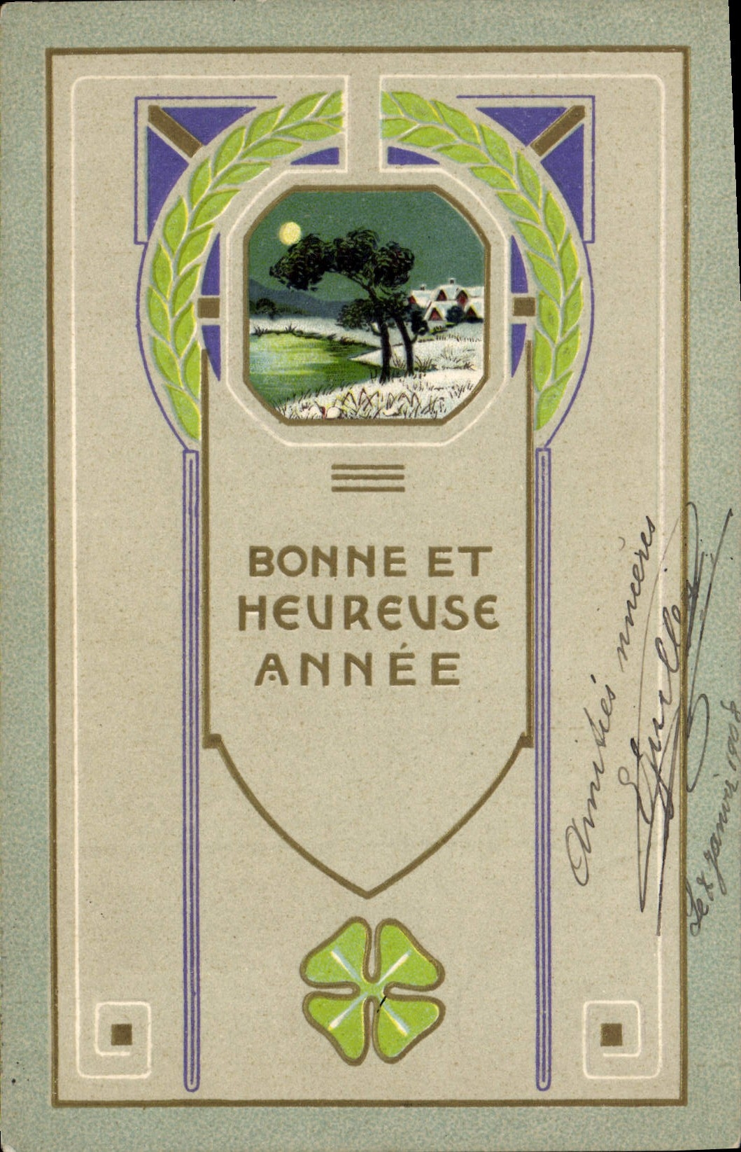 Goed en gelukkig nieuwjaar — Art nouveau — Uitgever onbekend, serie-nummer niet zichtbaar