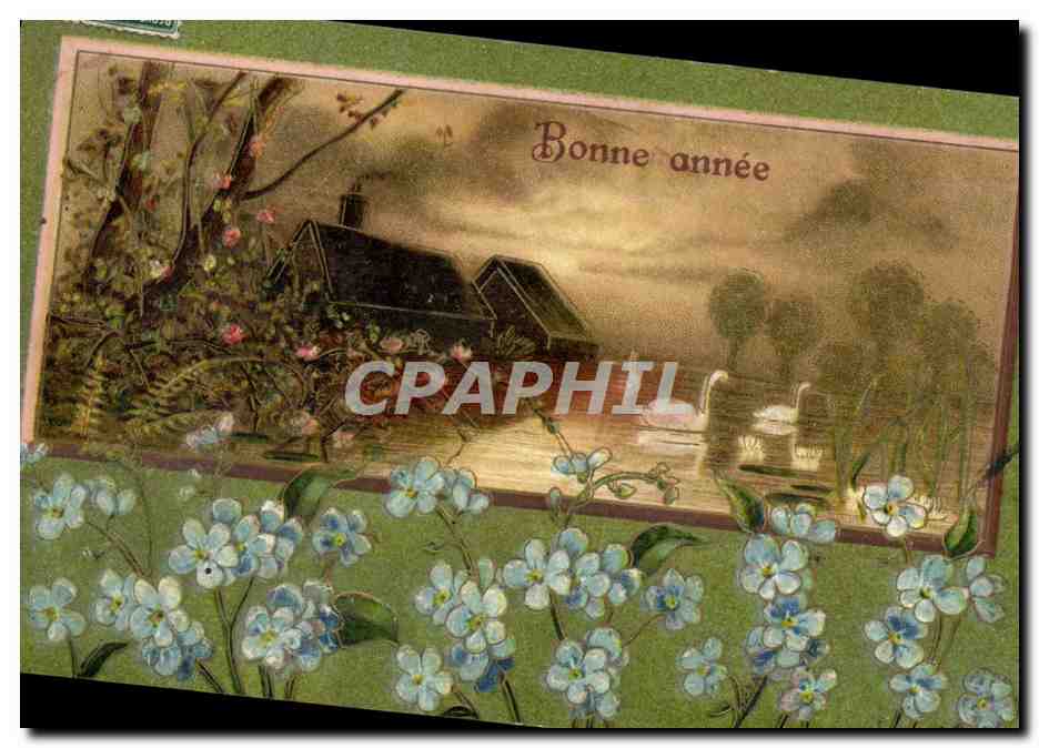 CPA Fantaisie Fleurs Cygnes