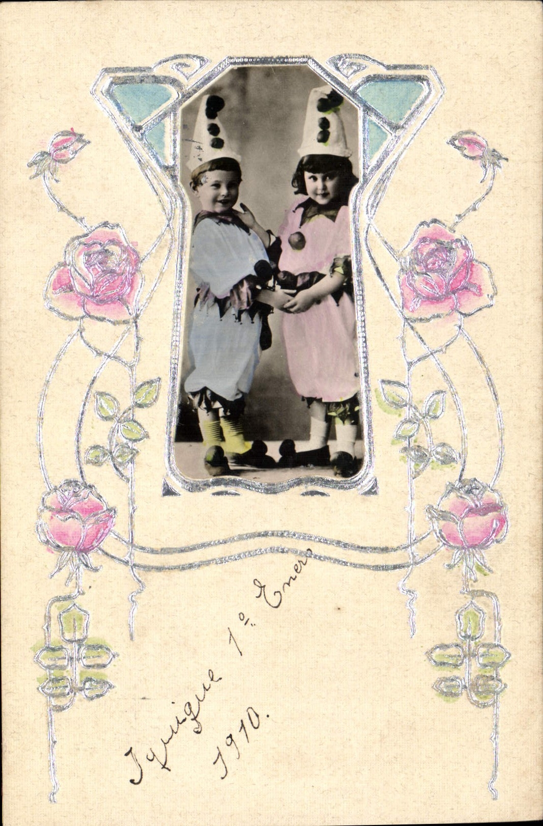 CPA Fantaisie Fleurs Enfants Clown