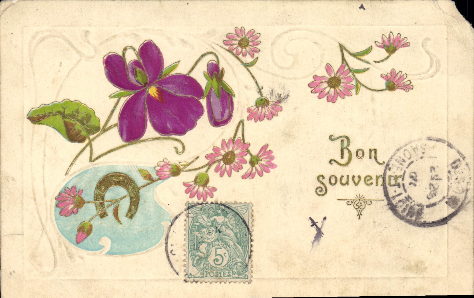 CPA Fantaisie Fleurs Fer a cheval