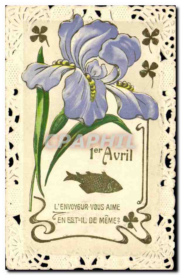 Blauwe iris — 1 april — antieke ansichtkaart met humor