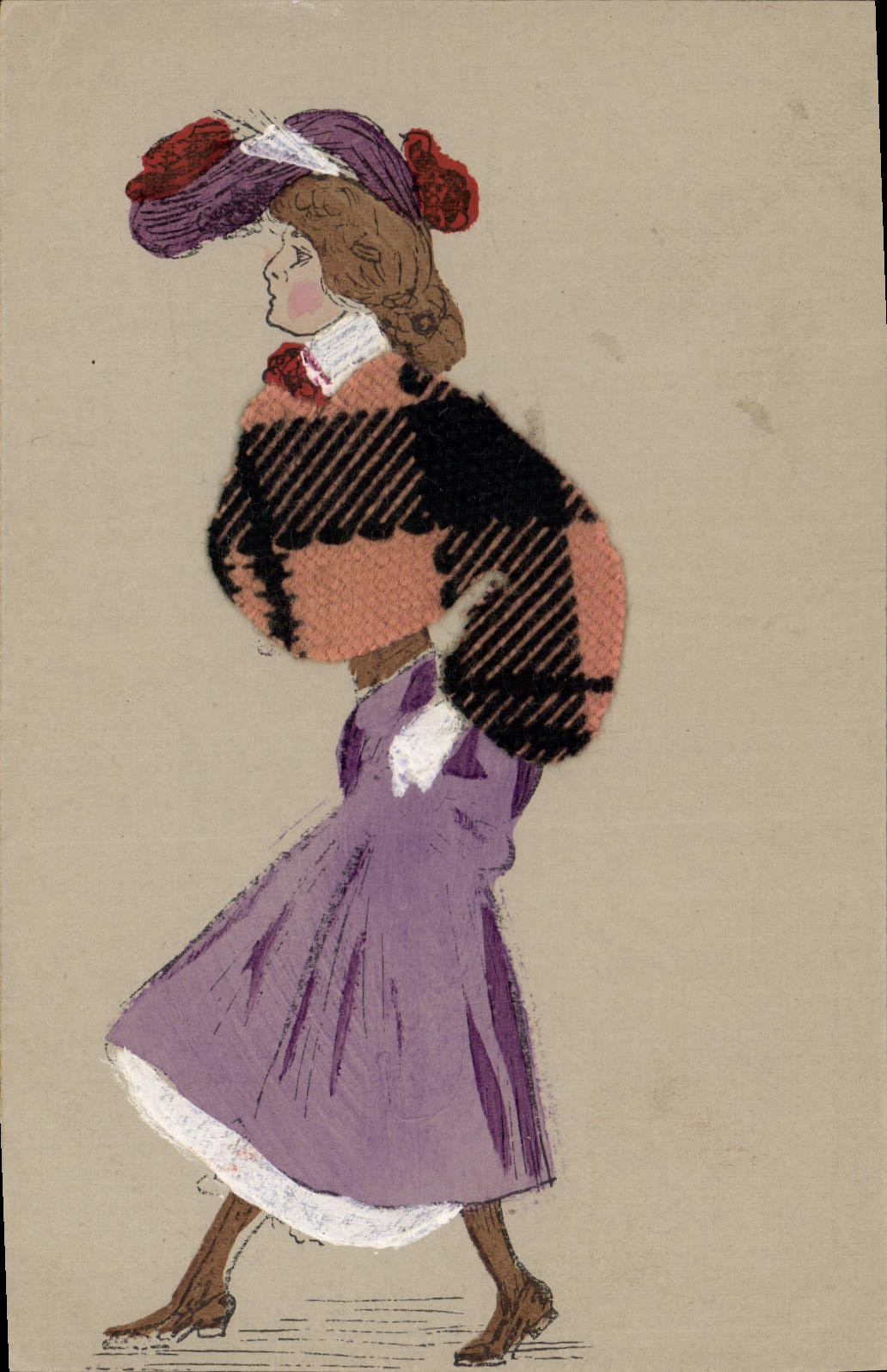 Femme en robe violette et chapeau décoré — illustration — éditeur inconnu