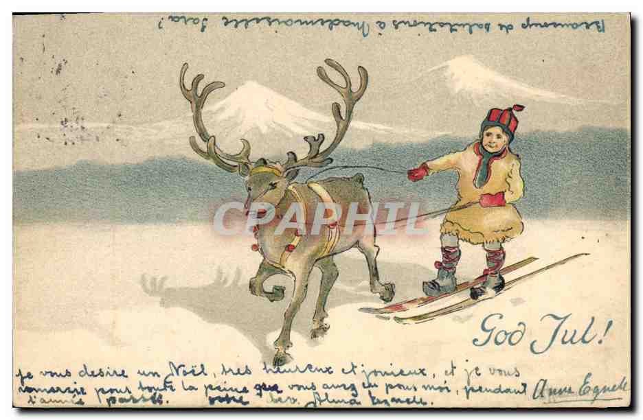 CPA Fantaisie Enfant Renne Ski 