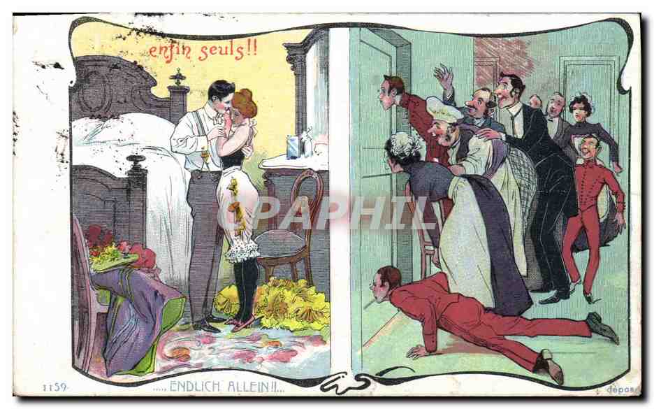 Coppia d'amore nella loro stanza — scena umoristica con domestici — editore Dépors, n° 1159