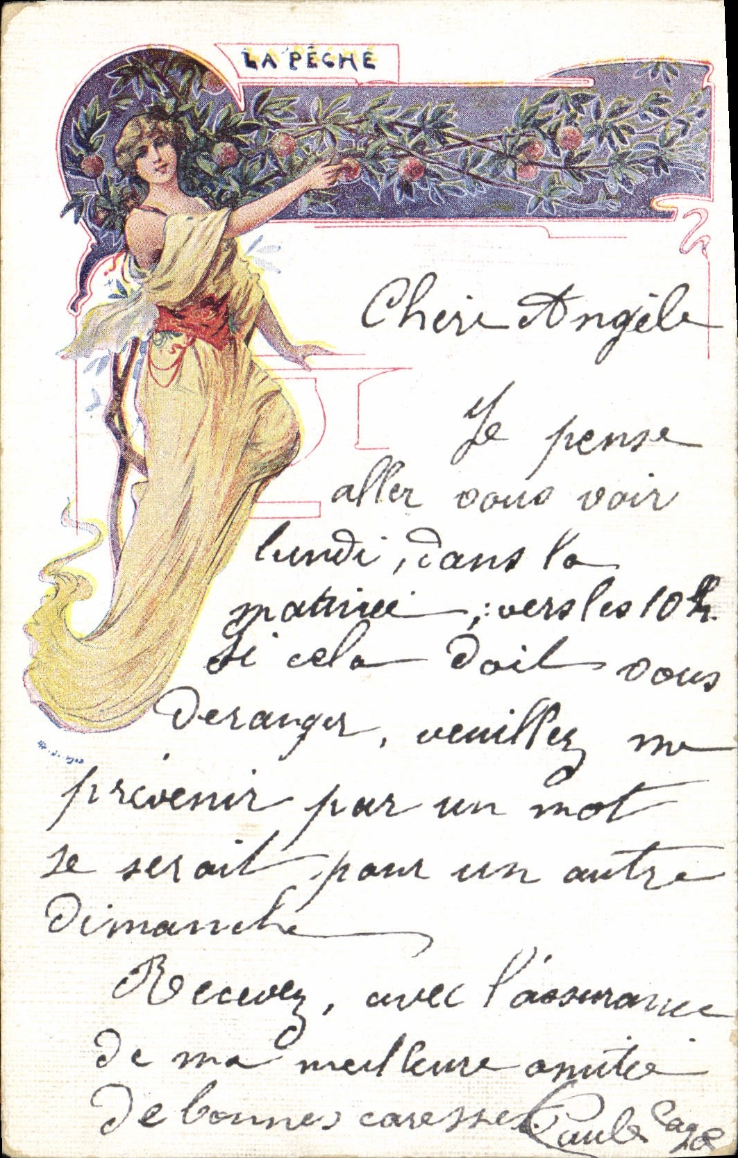 La Pêche — Illustration d'une femme sous un pommier — Éditeur : C. D. (signature visible) — N° de série : 2