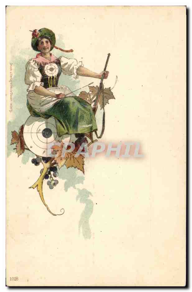 Jeune femme en costume traditionnel allemand — tir à l'arc — éditeur J. W. G. W. W. n° 1028