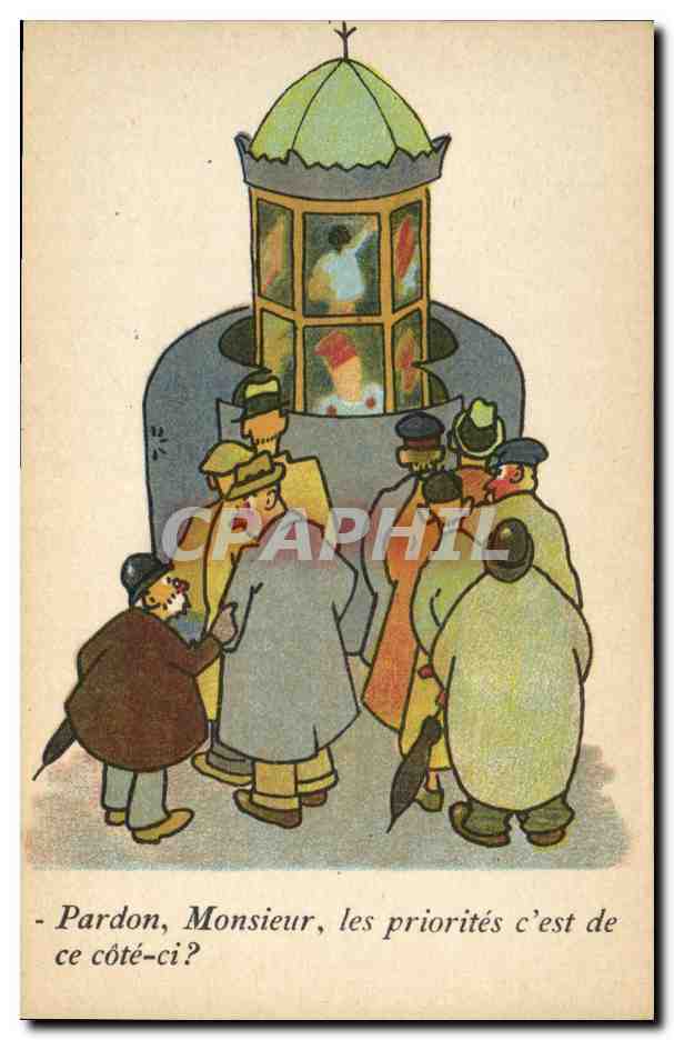 Groupe de personnes devant une cabine téléphonique — caricature — Collection Humoristique 216, Noëre, Paris