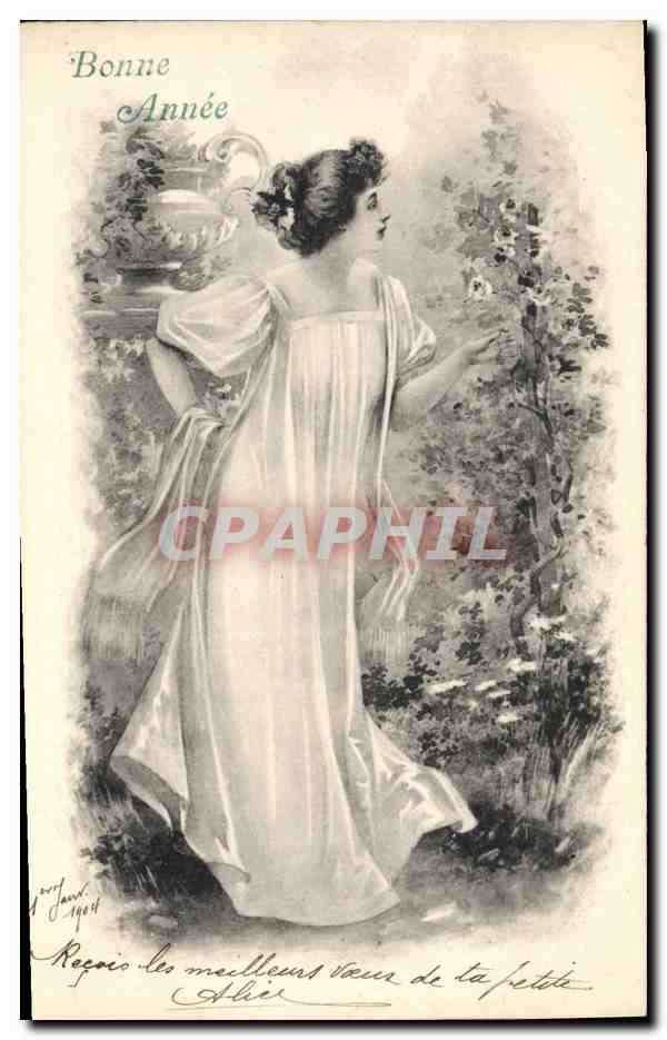 Femme en robe longue — scène de jardin — Jourdan, 1904