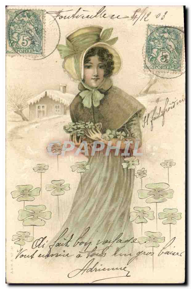 Foutriedelle — Femme en robe longue tenant des trèfles — éditeur anonyme, n° de série non visible