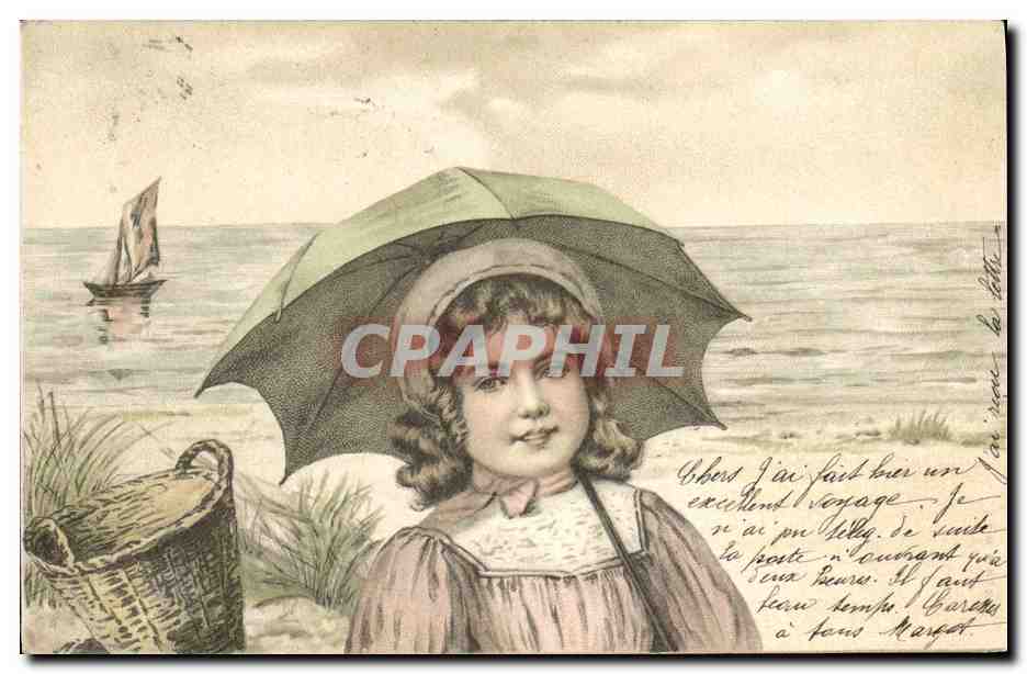 Fille sous parapluie — plage avec voile — éditeur non visible
