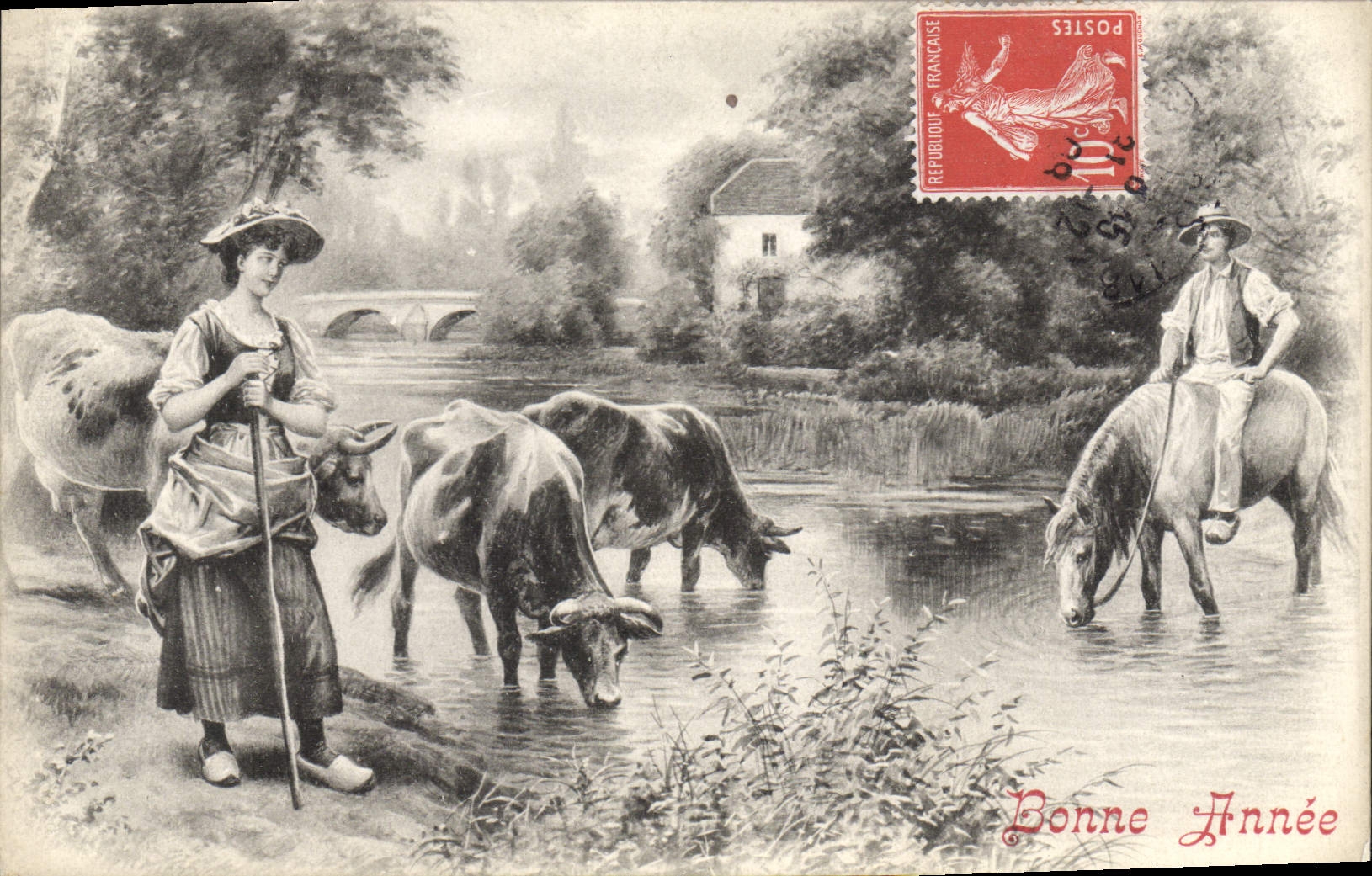 CPA Fantaisie Femme Vaches Cheval