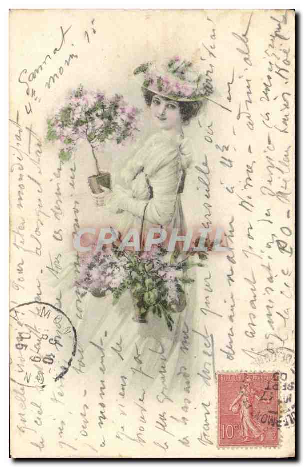 Femme en robe blanche tenant un bouquet de fleurs — éditeur A. S. — série 'Saluts des fleurs'