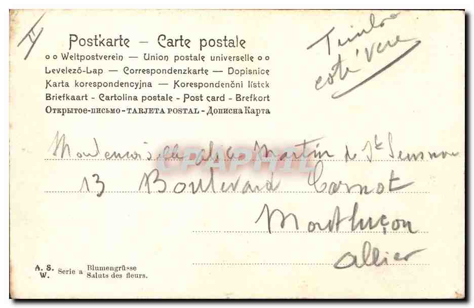Femme en robe blanche tenant un bouquet de fleurs — éditeur A. S. — série 'Saluts des fleurs' — Verso