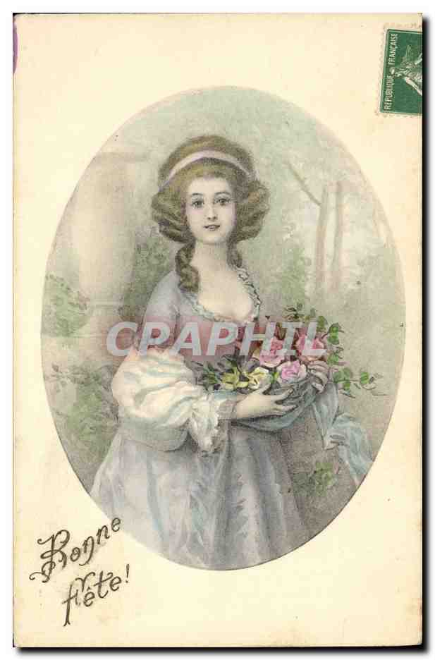 Jeune femme en robe de style ancien — tenant un bouquet de roses — éditée par la série 810