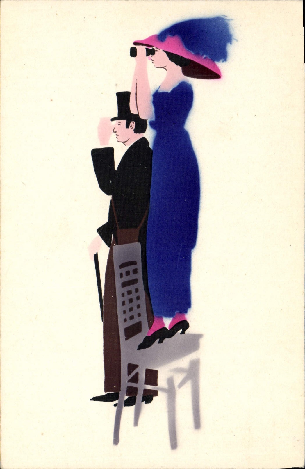 Femme en robe bleue et chapeau rose observant avec jumelles — Homme en costume et chapeau haut-de-forme — Éditeur & M. B. N.