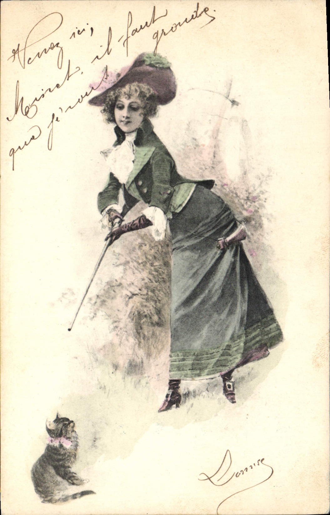 Femme en costume d'époque avec chat — illustration signée 'Darras' — éditeur S. 4016